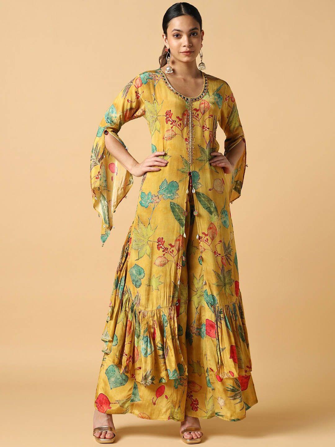 house of dharaa women floral printed regular silk crepe kurta with sharara