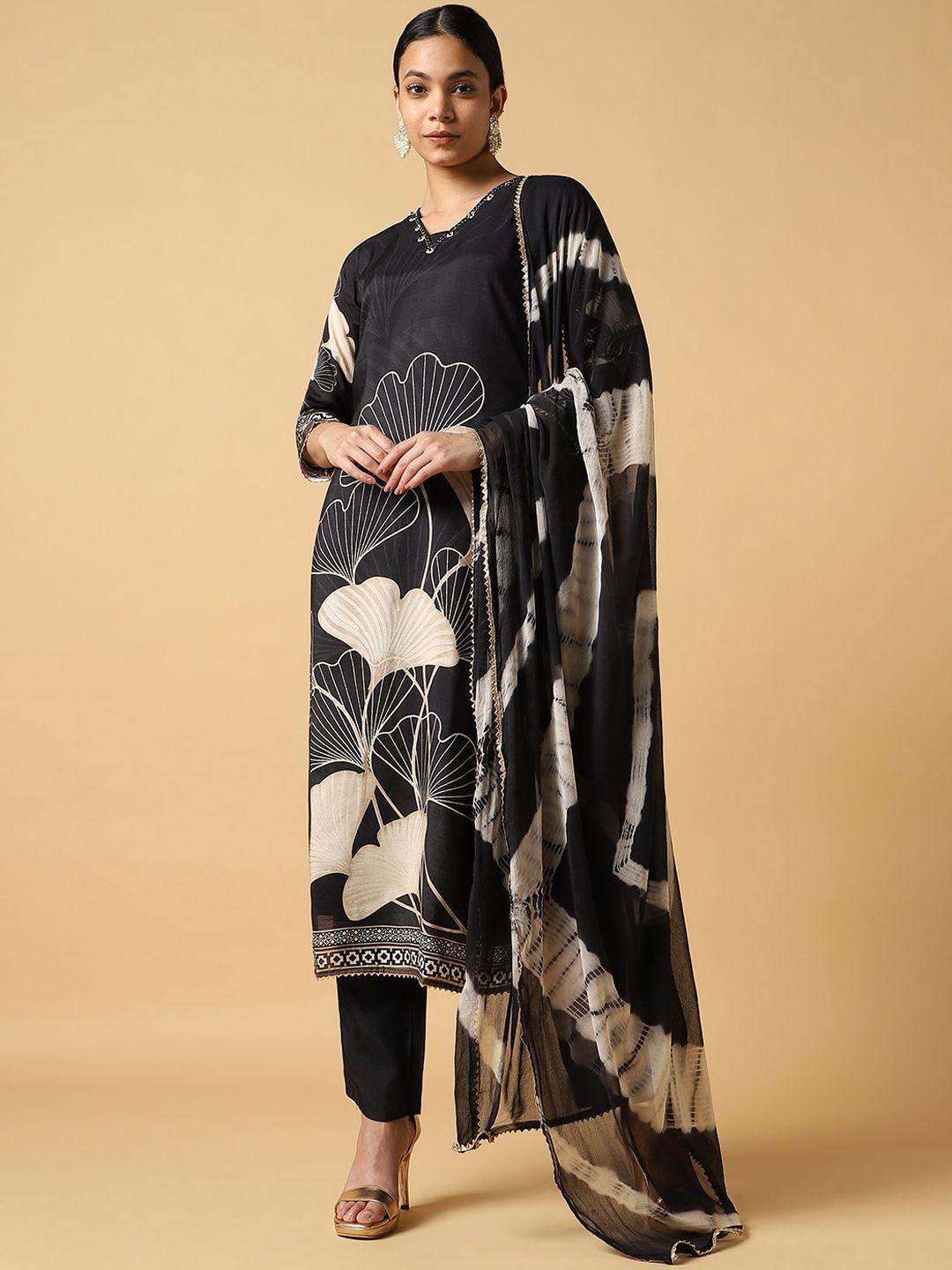 house of dharaa women floral printed regular silk crepe kurta with trousers & with dupatta