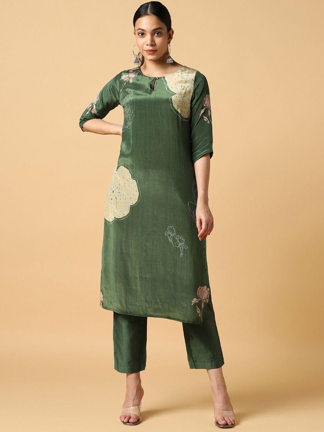 house of dharaa women floral printed regular silk crepe kurta with trousers & with dupatta