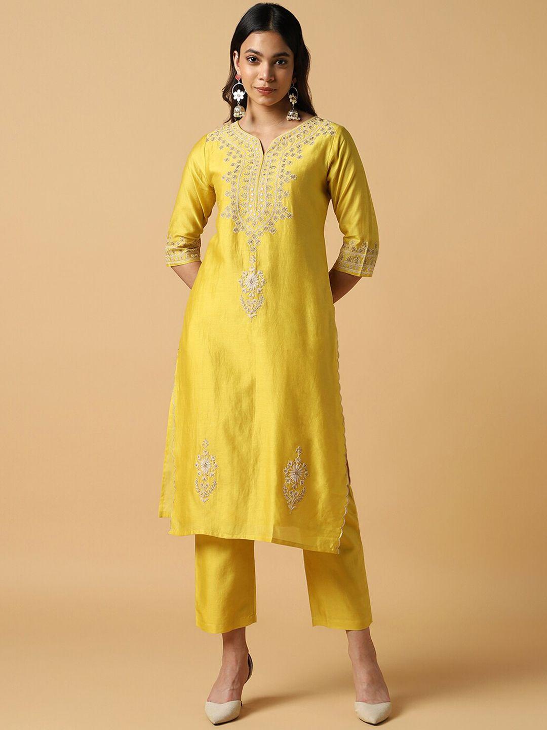 house of dharaa women floral yoke design regular thread work pure silk kurta with trousers & with dupatta