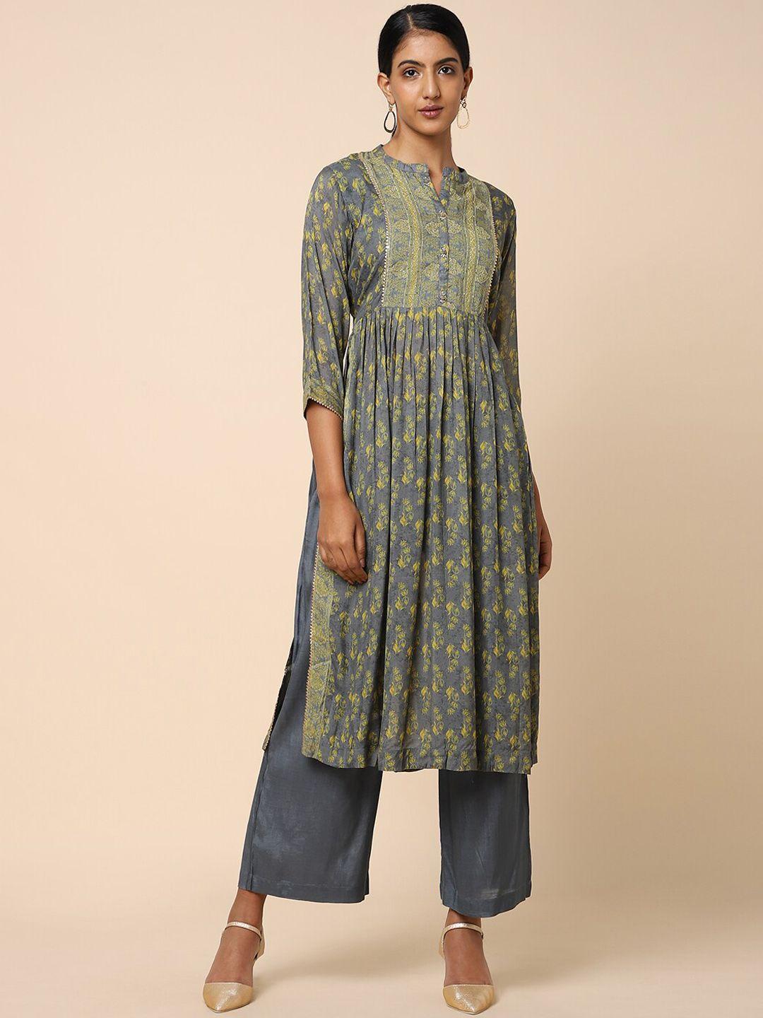 house of dharaa women grey ethnic motifs printed empire gotta patti chanderi silk kurta with palazzos