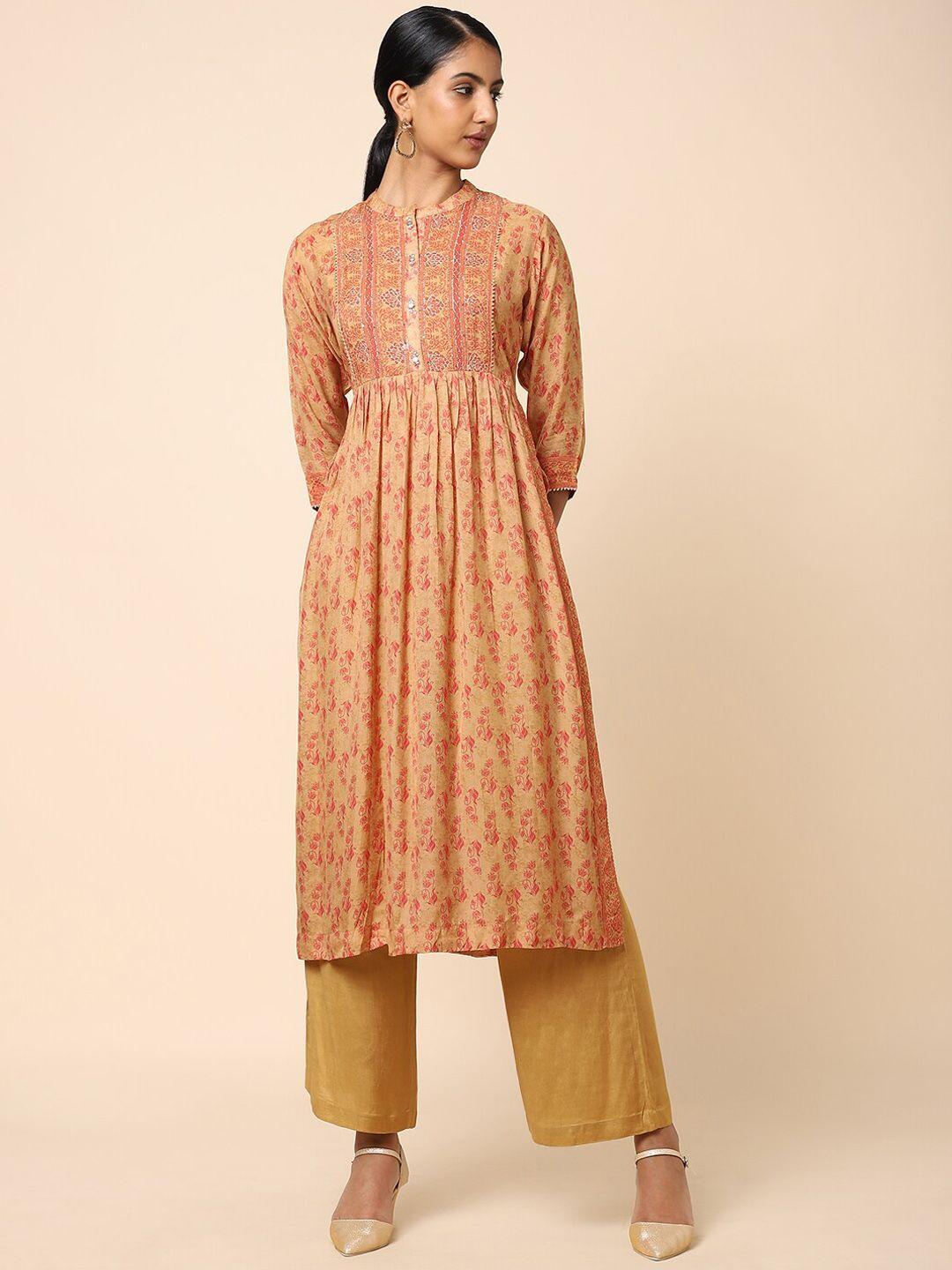 house of dharaa women rust floral printed pleated chanderi silk kurta with trousers