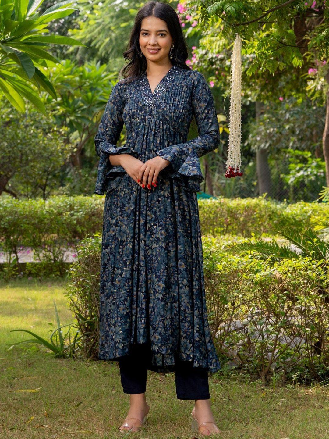 house of jamoti abstract printed v-neck chanderi silk anarkali kurta with trousers