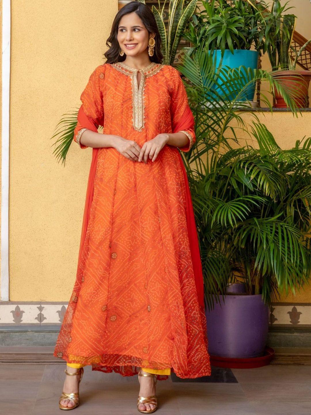 house of jamoti bandhani printed anarkali kurta with trousers & with dupatta