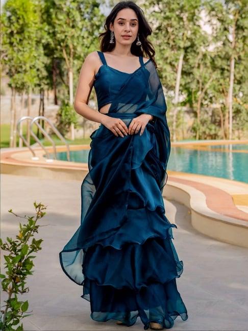 house of jamoti blue plain ruffle saree with blouse