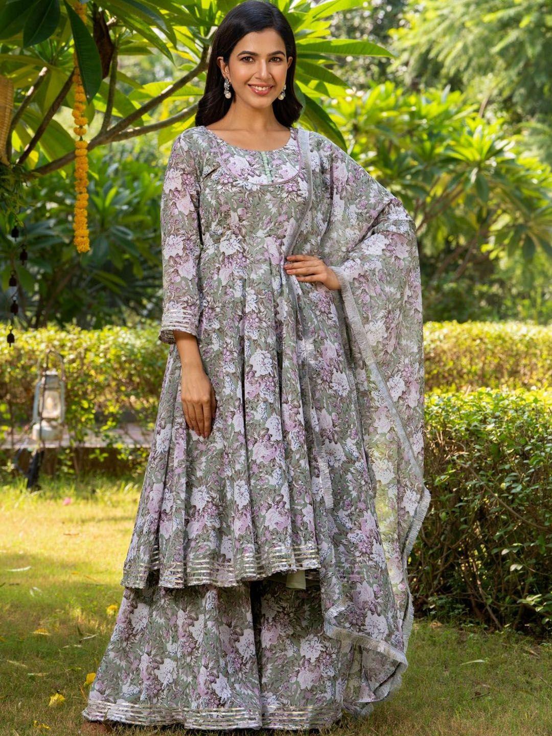 house of jamoti floral printed anarkali kurta with sharara & dupatta