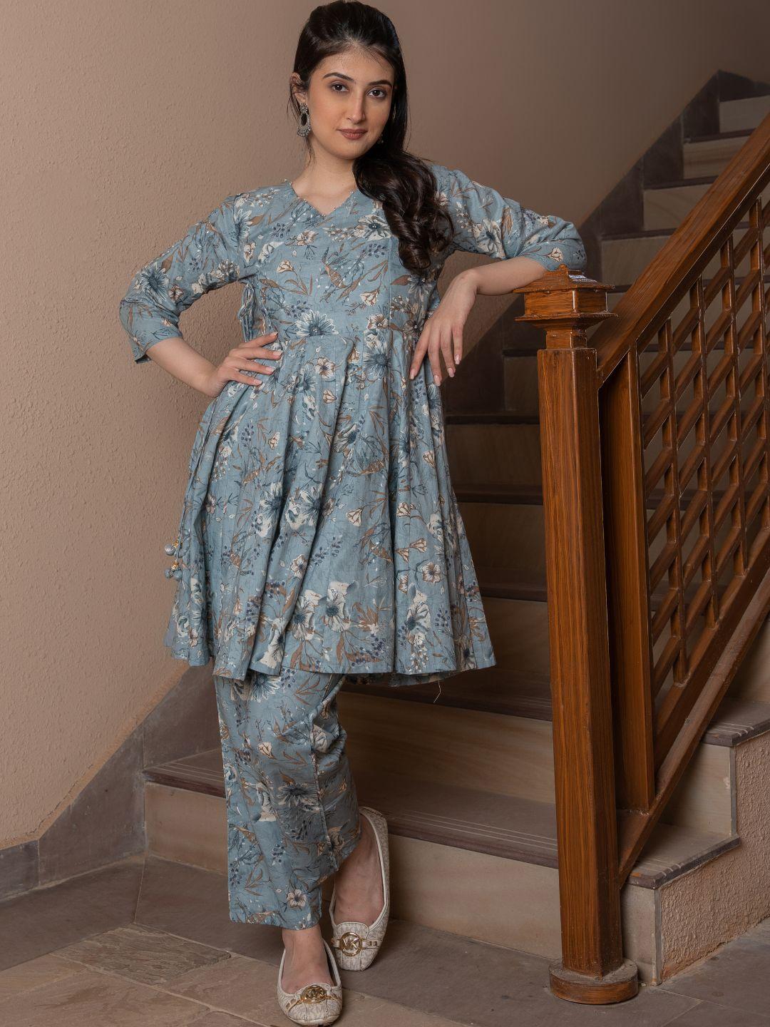 house of jamoti floral printed angrakha a-line pure cotton kurti with trousers