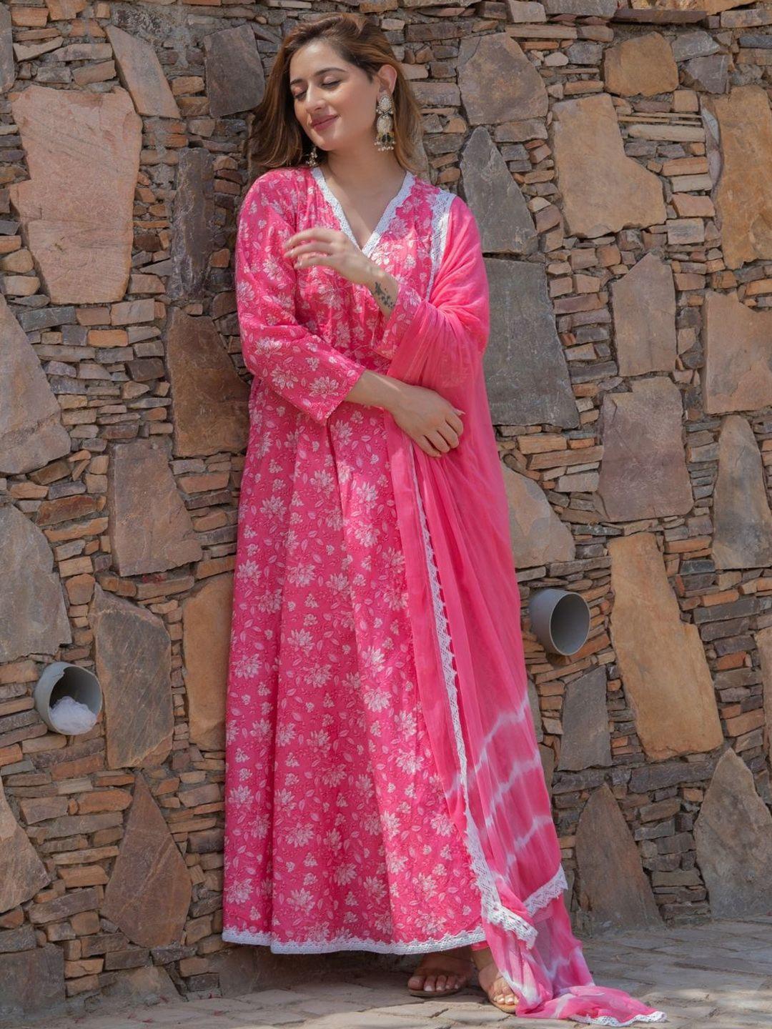 house of jamoti floral printed angrakha pure cotton kurta with trousers & dupatta