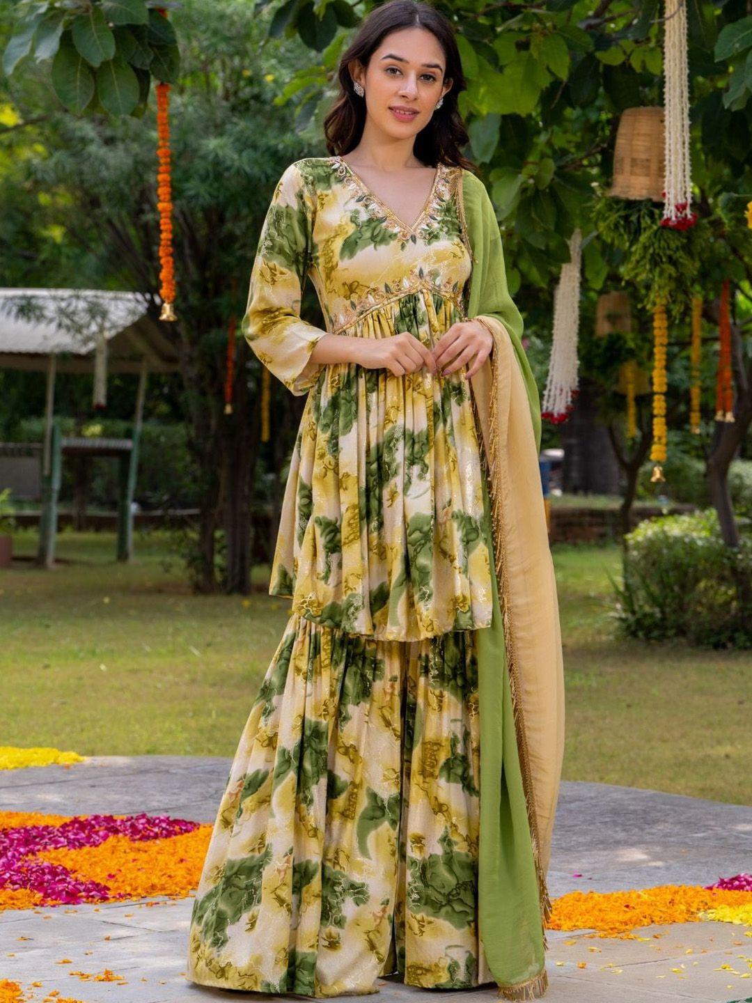 house of jamoti floral printed beads & stones a-line kurta with sharara & dupatta