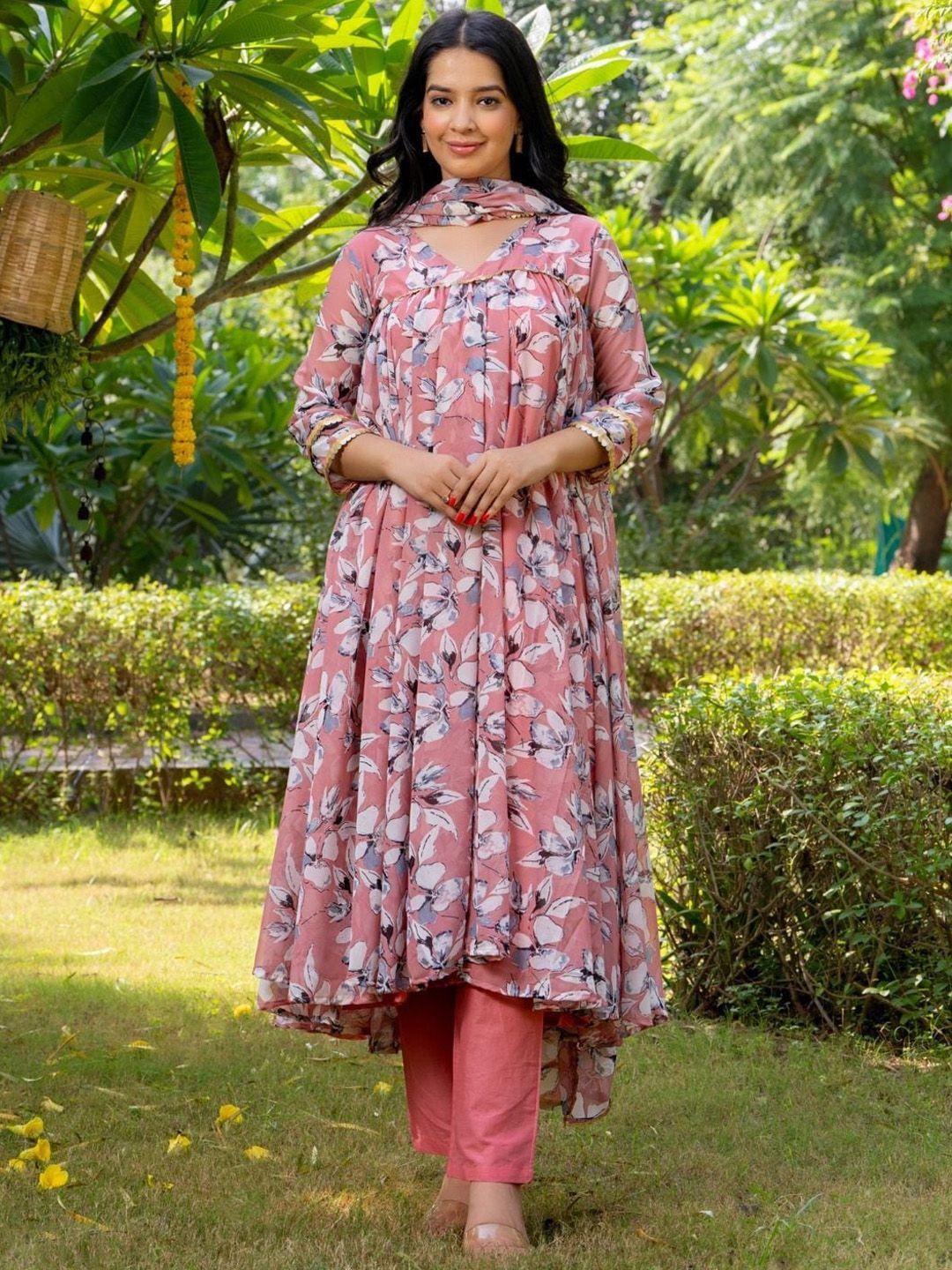 house of jamoti floral printed empire georgette anarkali kurta with trousers & dupatta