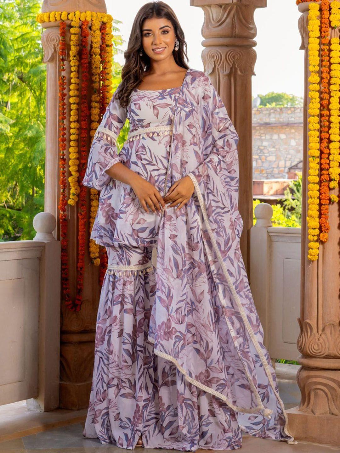 house of jamoti floral printed gotta patti georgette a-line kurti with sharara & dupatta