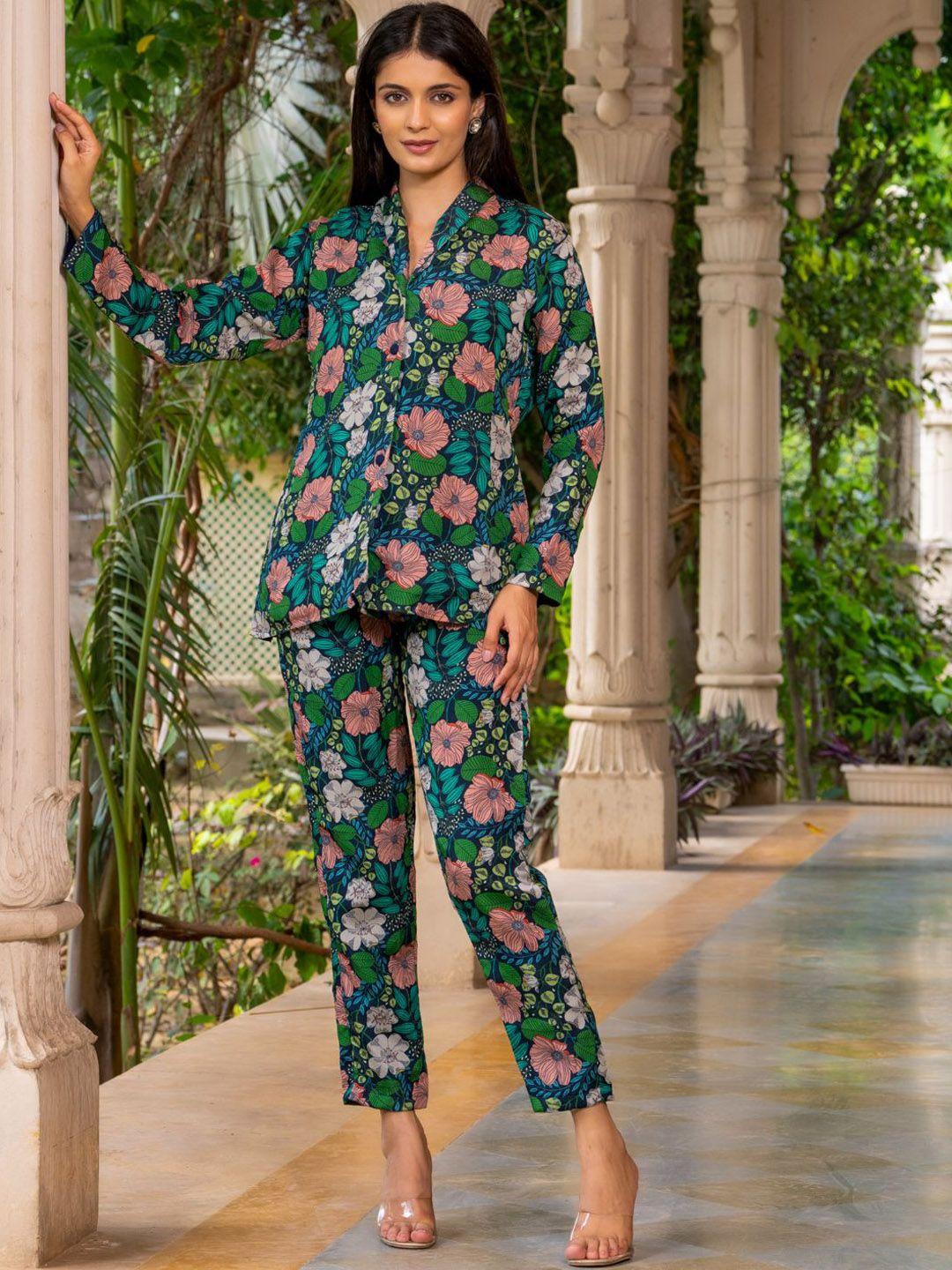 house of jamoti floral printed shawl-collar shirt with trouser