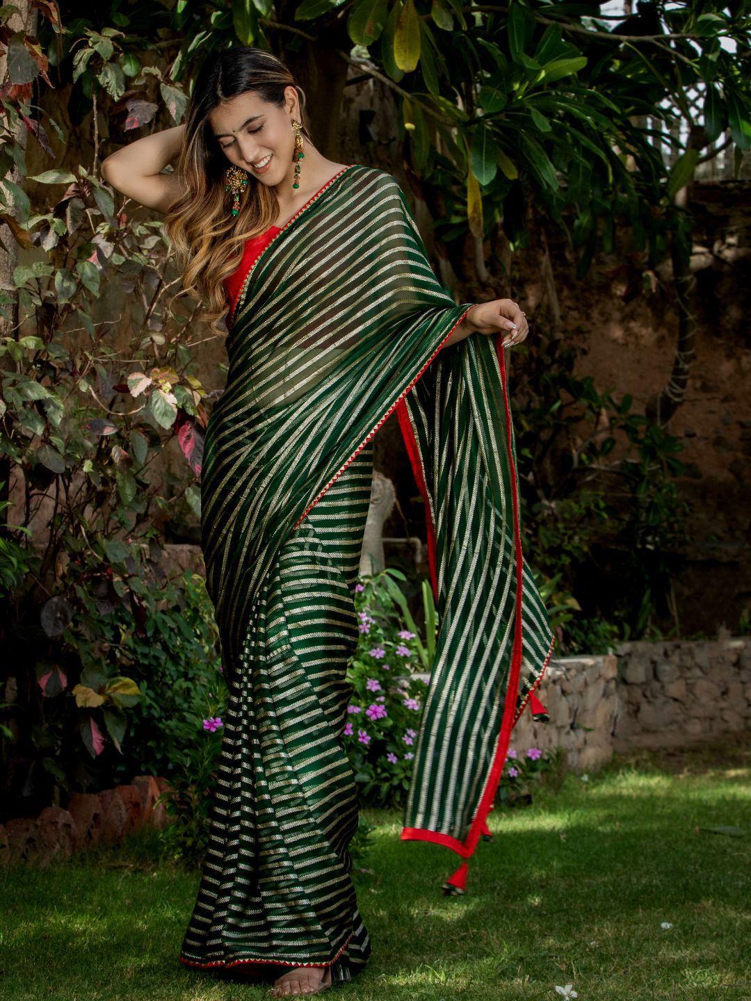 house of jamoti green & red striped tussar saree