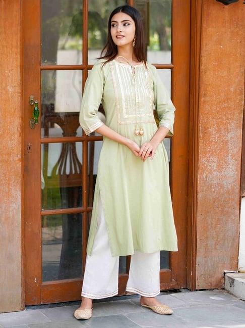 house of jamoti green & white cotton embellished kurta pant set