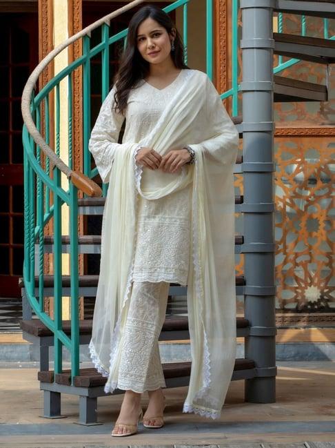 house of jamoti off-white cotton embroidered kurti pant set with dupatta