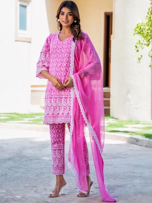 house of jamoti pink cotton embroidered kurta pant set with dupatta