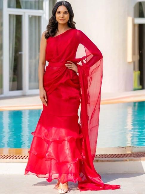 house of jamoti pink plain ruffle saree