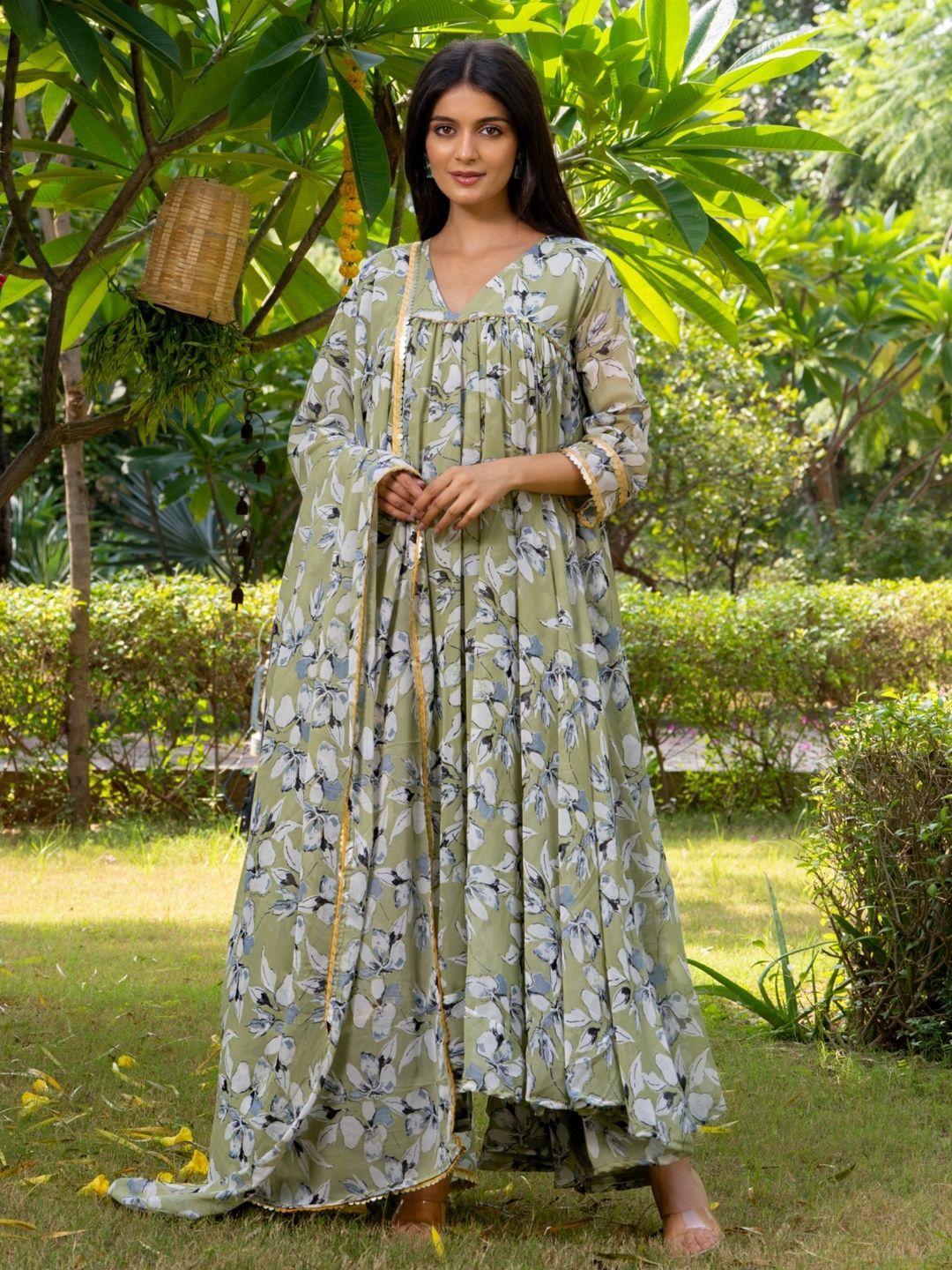 house of jamoti printed v-neck a-line gotta patti kurta with trousers & dupatta