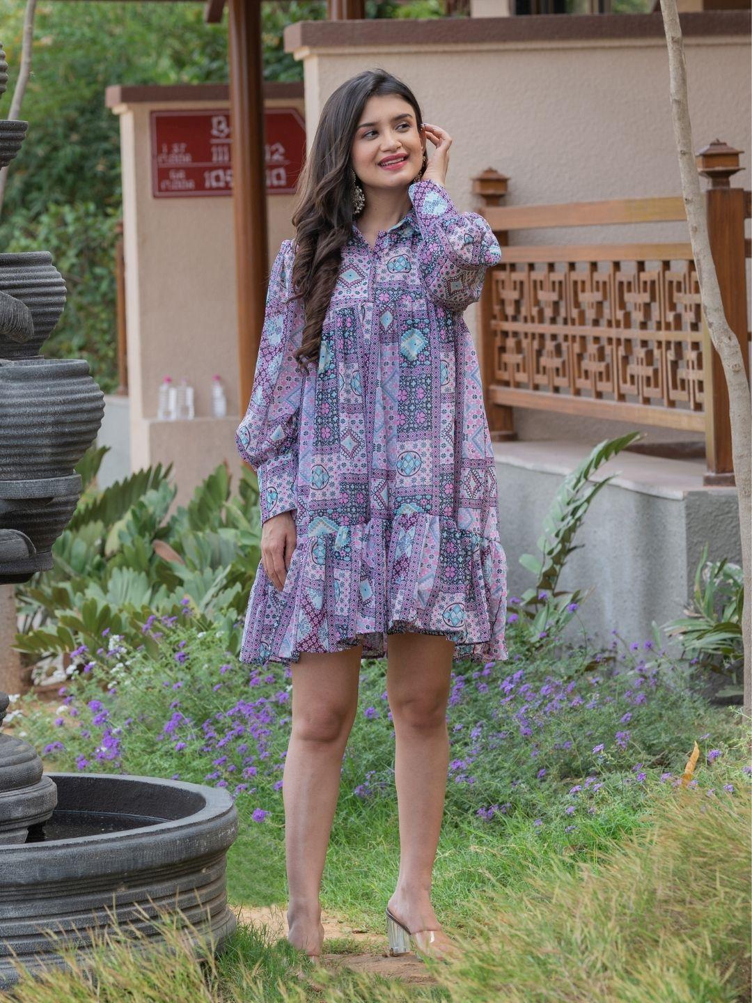 house of jamoti purple floral print georgette a-line dress