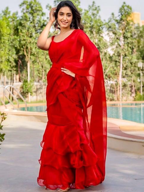 house of jamoti red plain ruffle saree