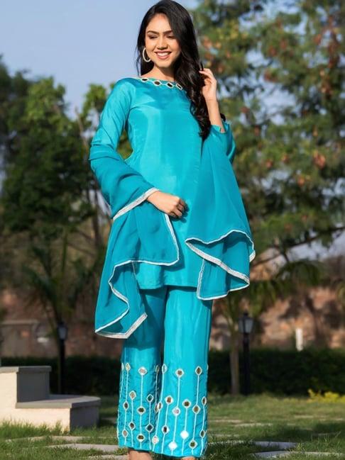 house of jamoti turquoise embellished short kurti palazzo set with dupatta