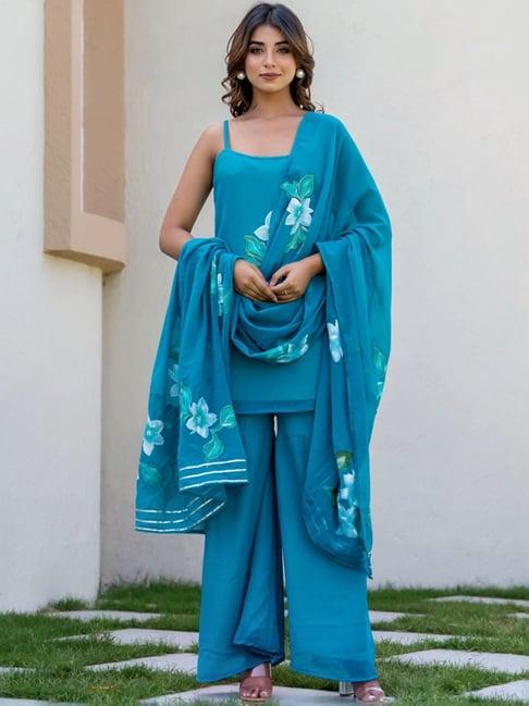 house of jamoti turquoise printed short kurti sharara set with dupatta