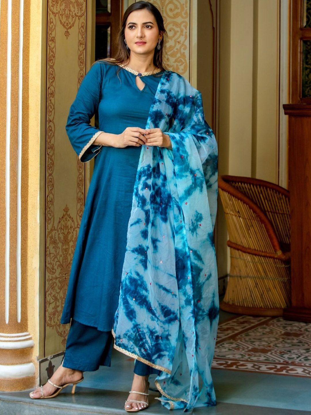 house of jamoti women blue cotton kurta with trousers & with dupatta