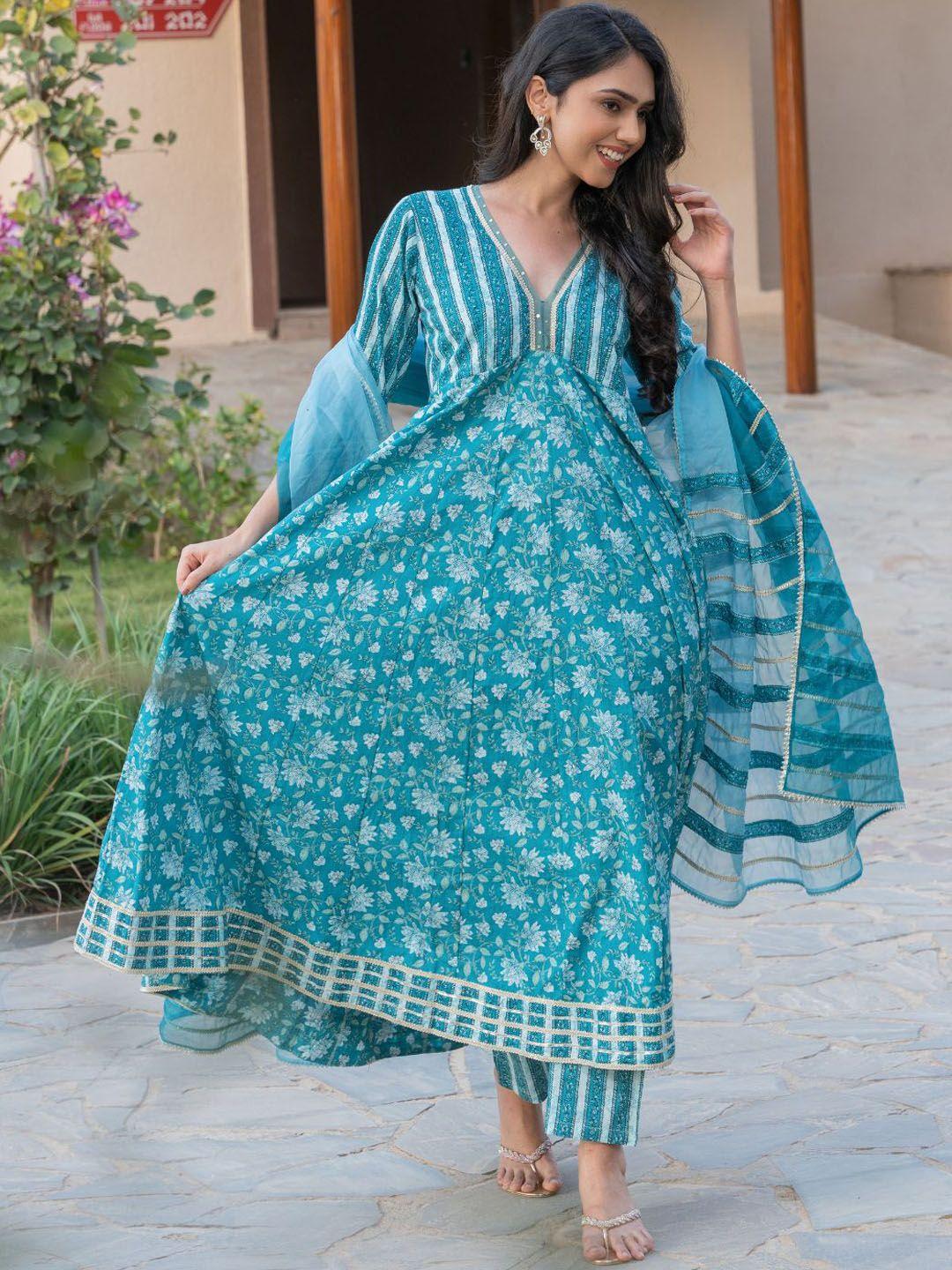 house of jamoti women blue floral printed angrakha pure cotton kurta with trousers & with dupatta