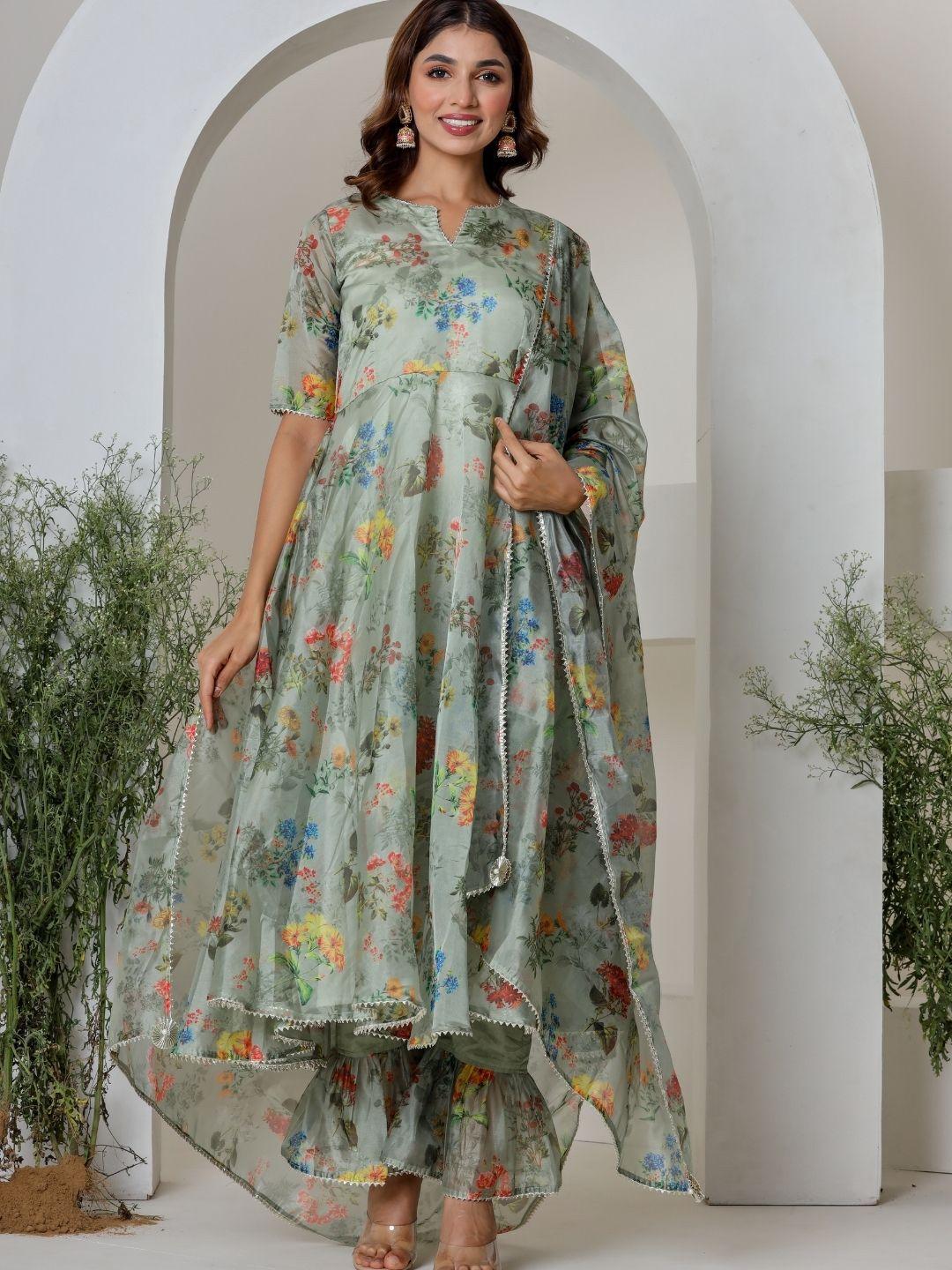 house of jamoti women green floral printed empire kurta with trousers & with dupatta