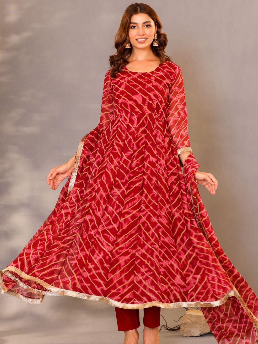 house of jamoti women maroon leheriya printed regular kurta with trousers & with dupatta