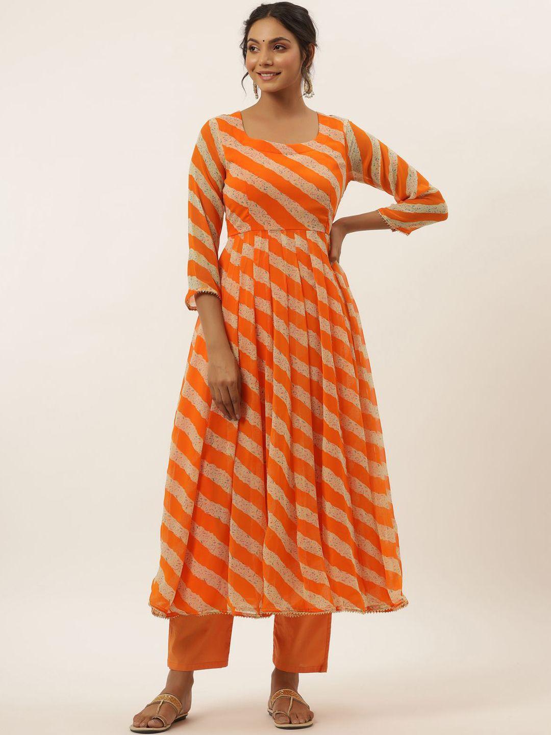 house of jamoti women orange ethnic motifs printed angrakha kurti with trousers & with dupatta