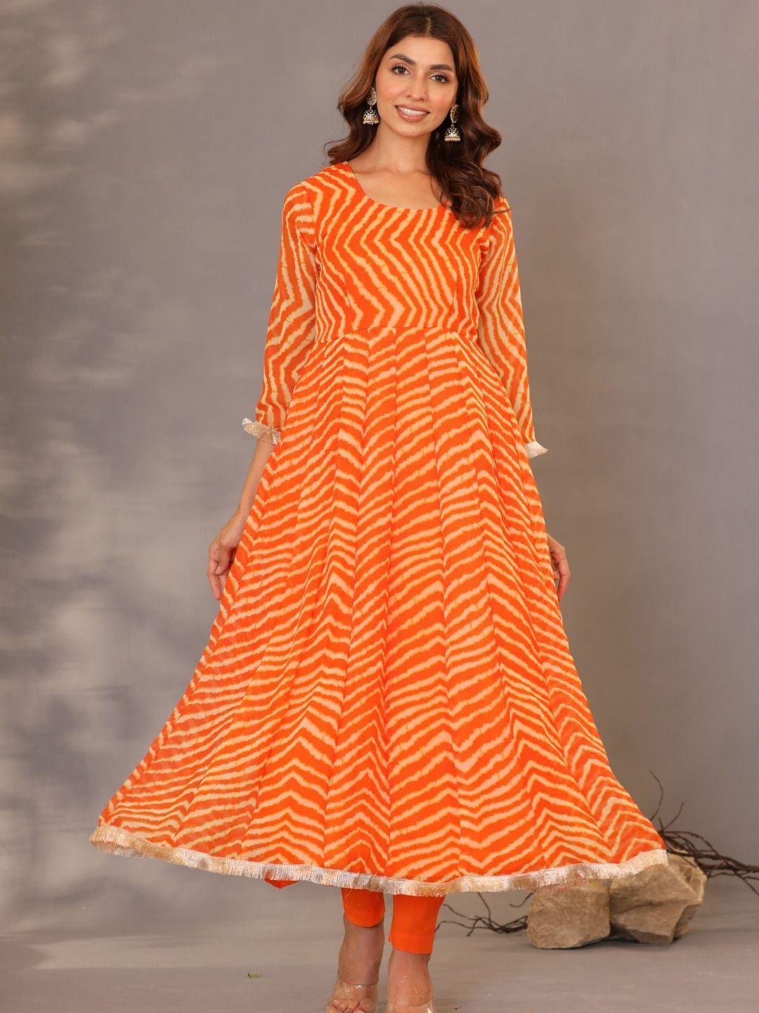 house of jamoti women orange leheriya striped regular gotta patti kurta with dupatta