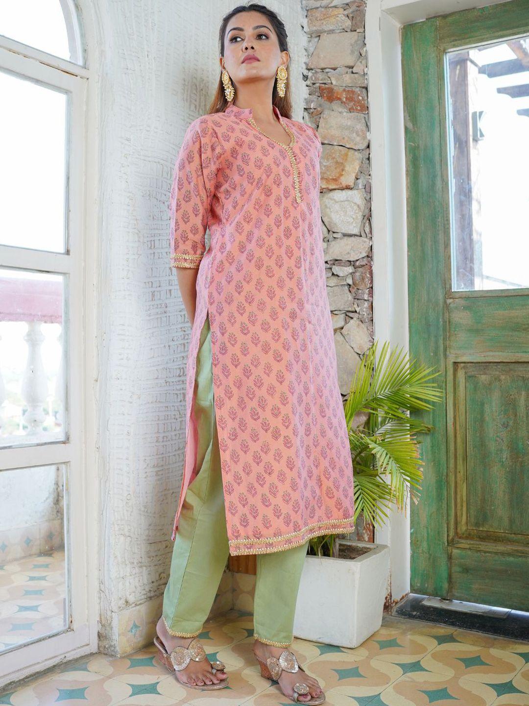 house of jamoti women peach-coloured ethnic motifs printed kurta with trousers