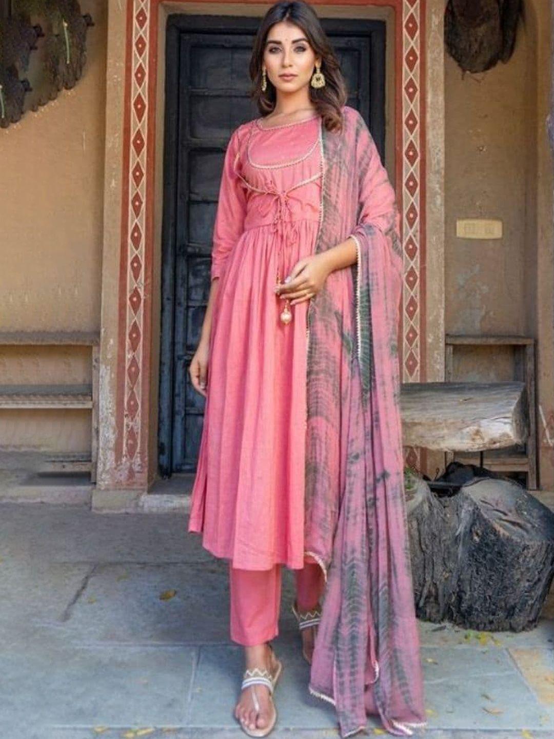 house of jamoti women pink solid kurta with trousers & with dupatta