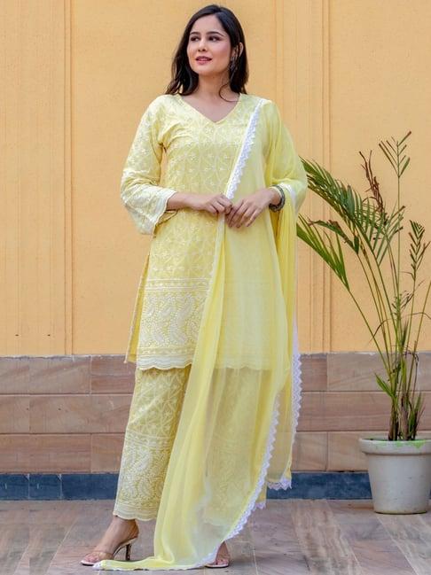 house of jamoti yellow cotton embroidered kurti pant set with dupatta