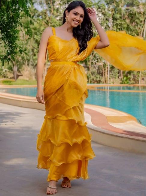 house of jamoti yellow plain ruffle saree