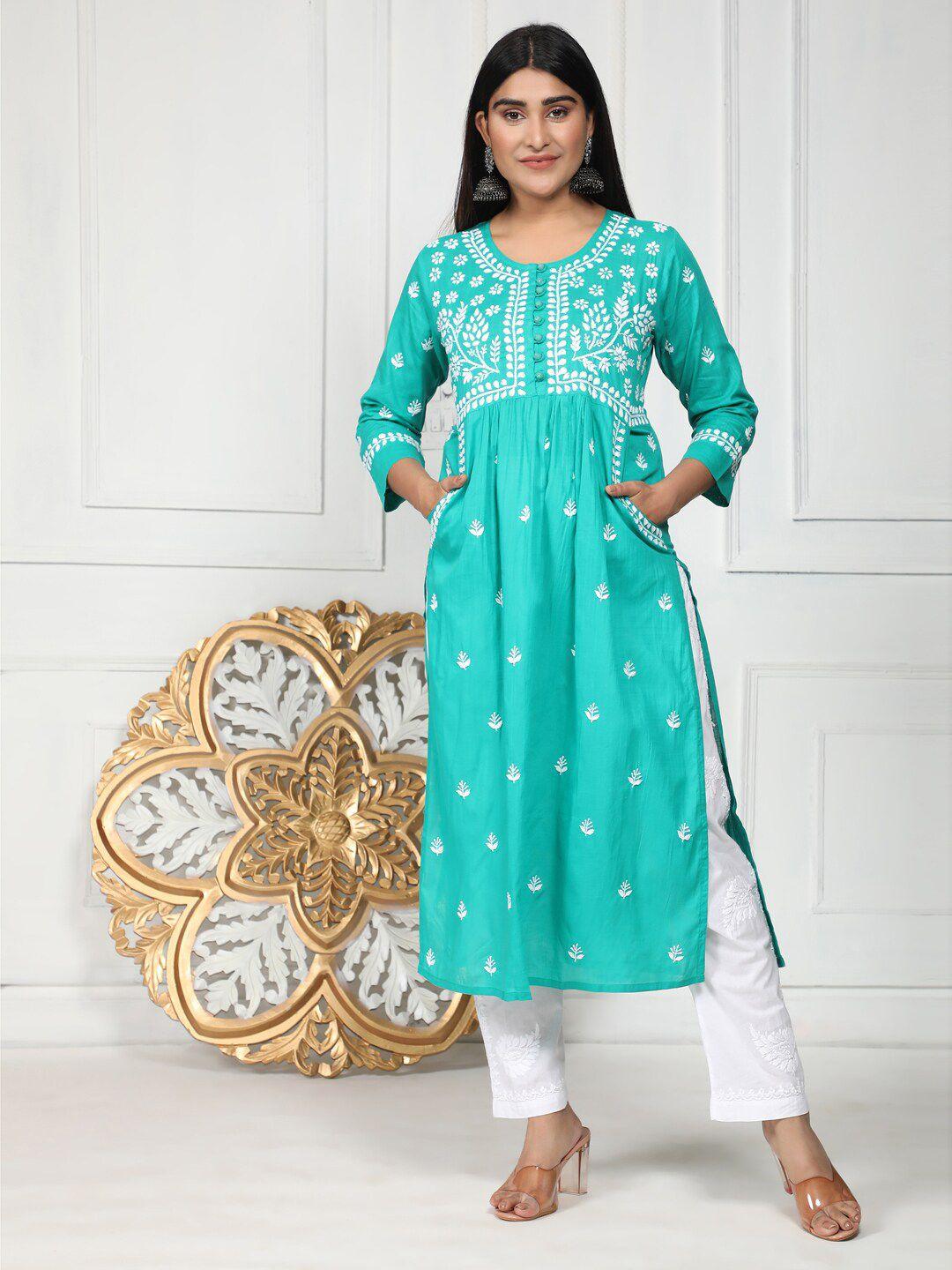 house of kari ethnic motifs embroidered a-line pleated cotton kurta