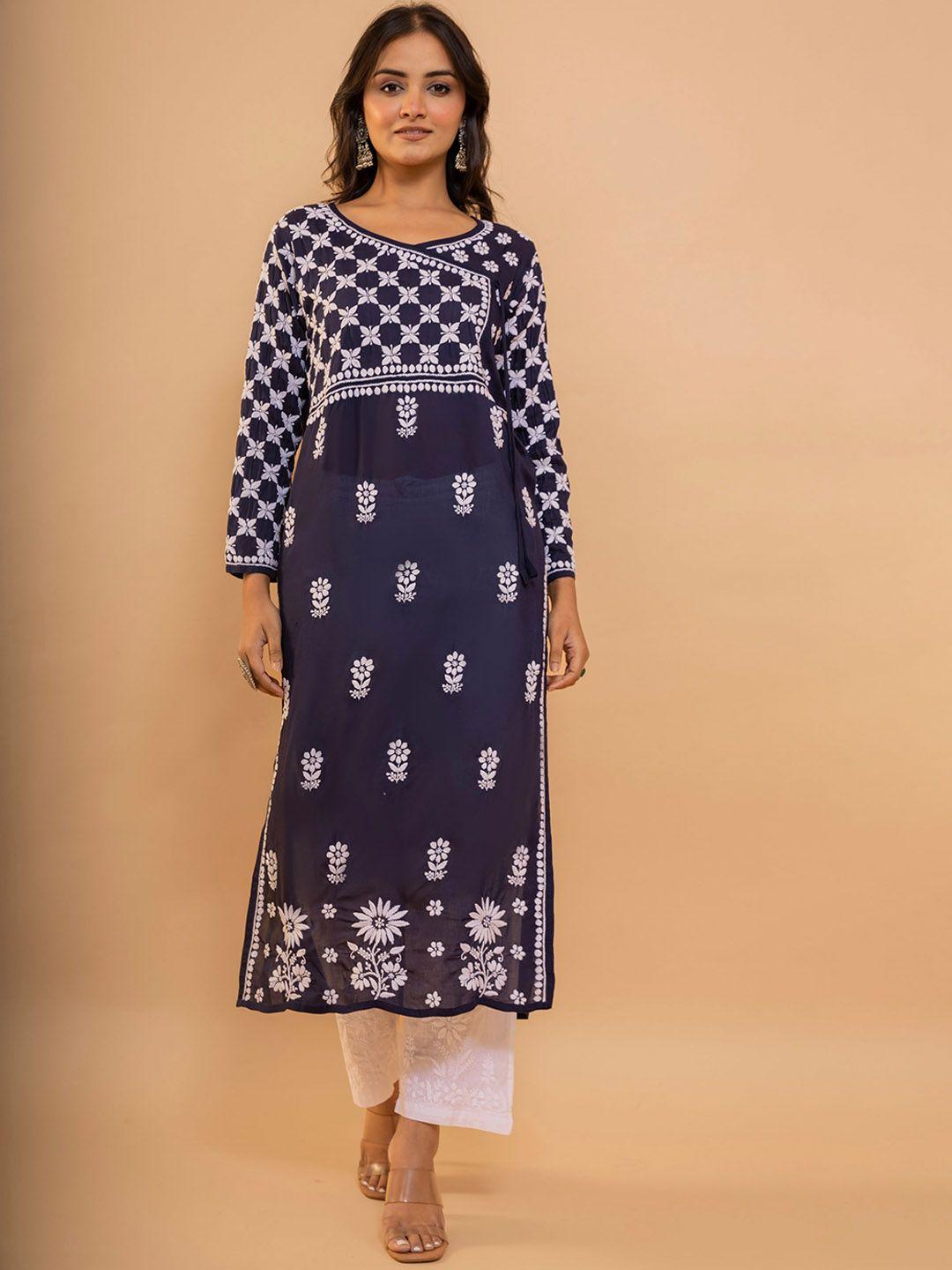 house of kari ethnic motifs embroidered angrakha thread work cotton kurta