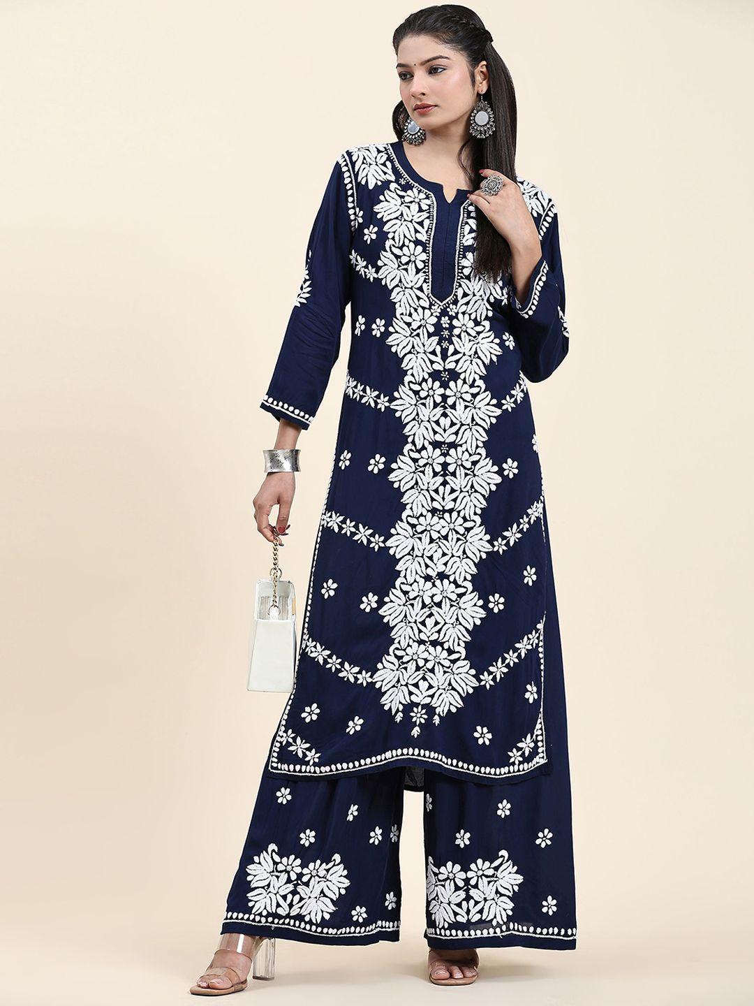 house of kari ethnic motifs embroidered chikankari cotton kurta & palazzos