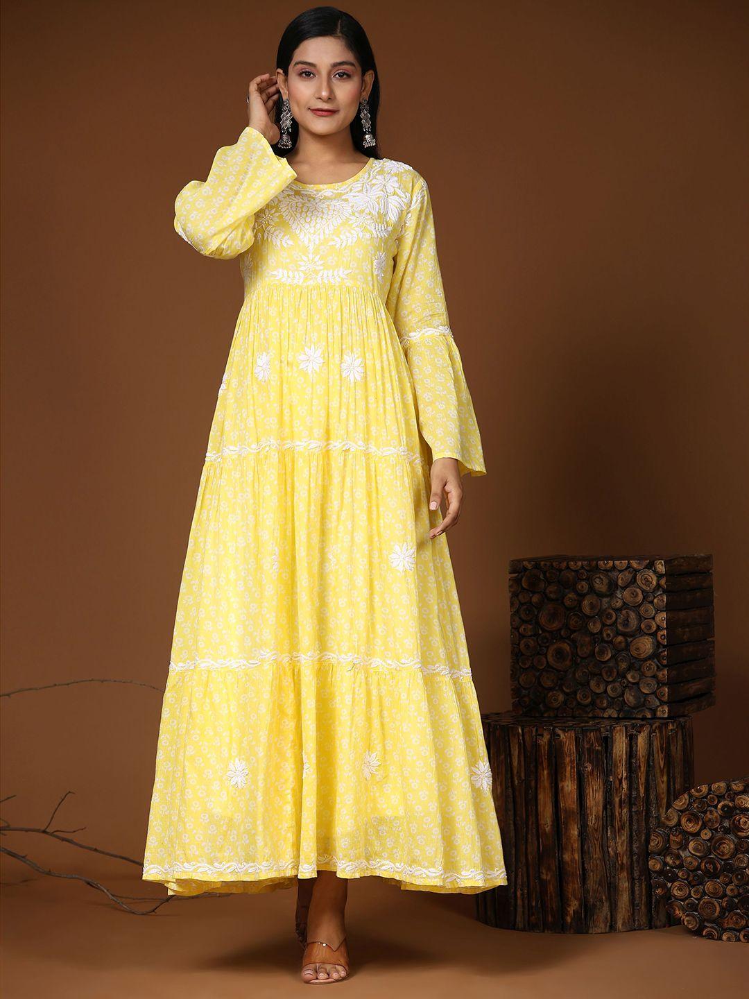 house of kari ethnic motifs embroidered chikankari tiered bell sleeves cotton maxi dress