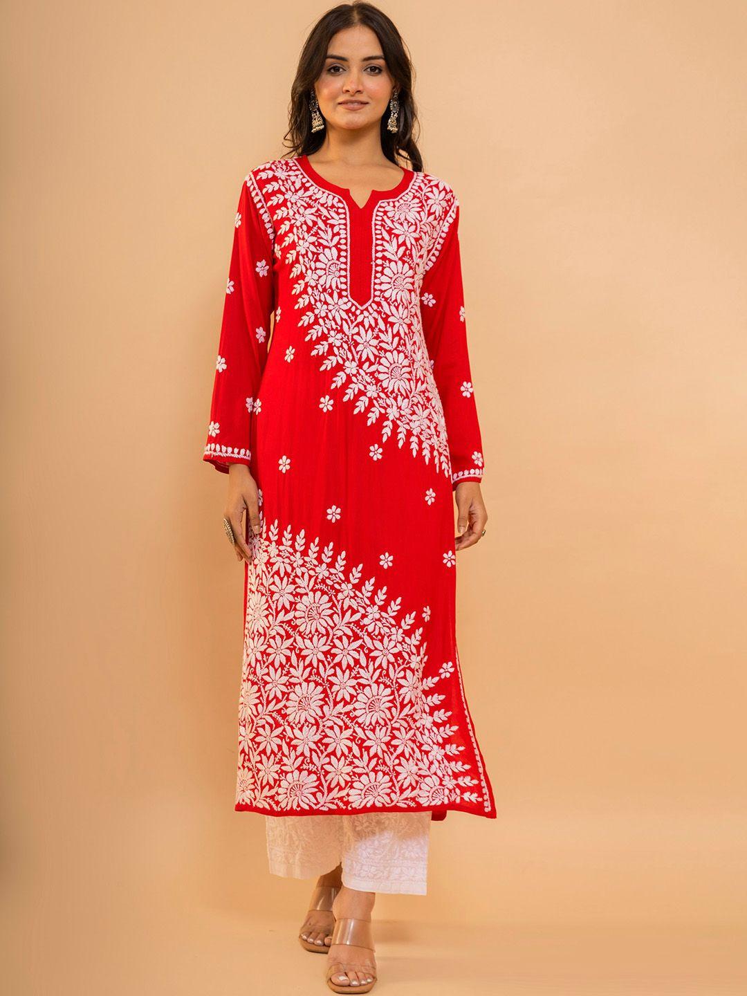 house of kari ethnic motifs embroidered round neck chikankari cotton kurta