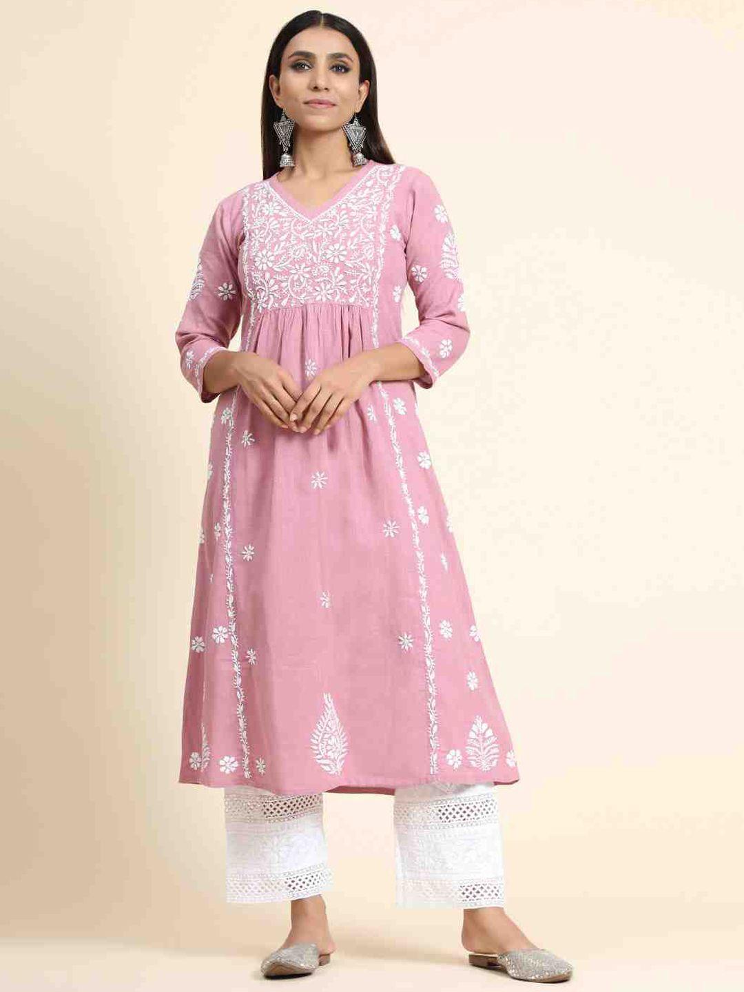 house of kari ethnic motifs embroidered v-neck cotton anarkali kurta