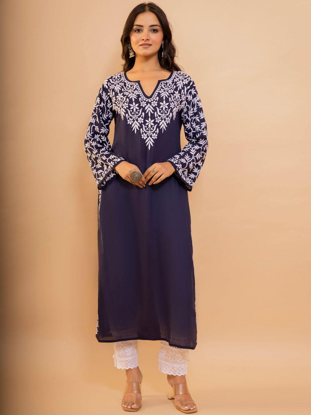 house of kari ethnic motifs embroidered yoke bell sleeves indigo cotton straight kurta