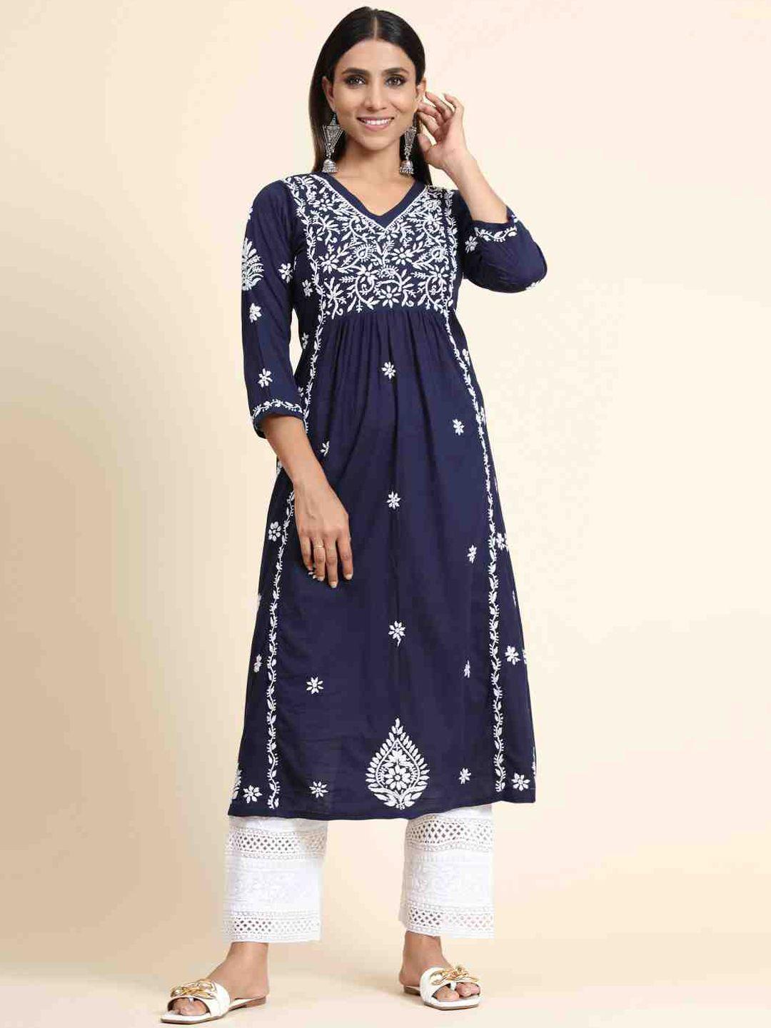 house of kari floral chikankari embroidered v-neck cotton a-line kurta