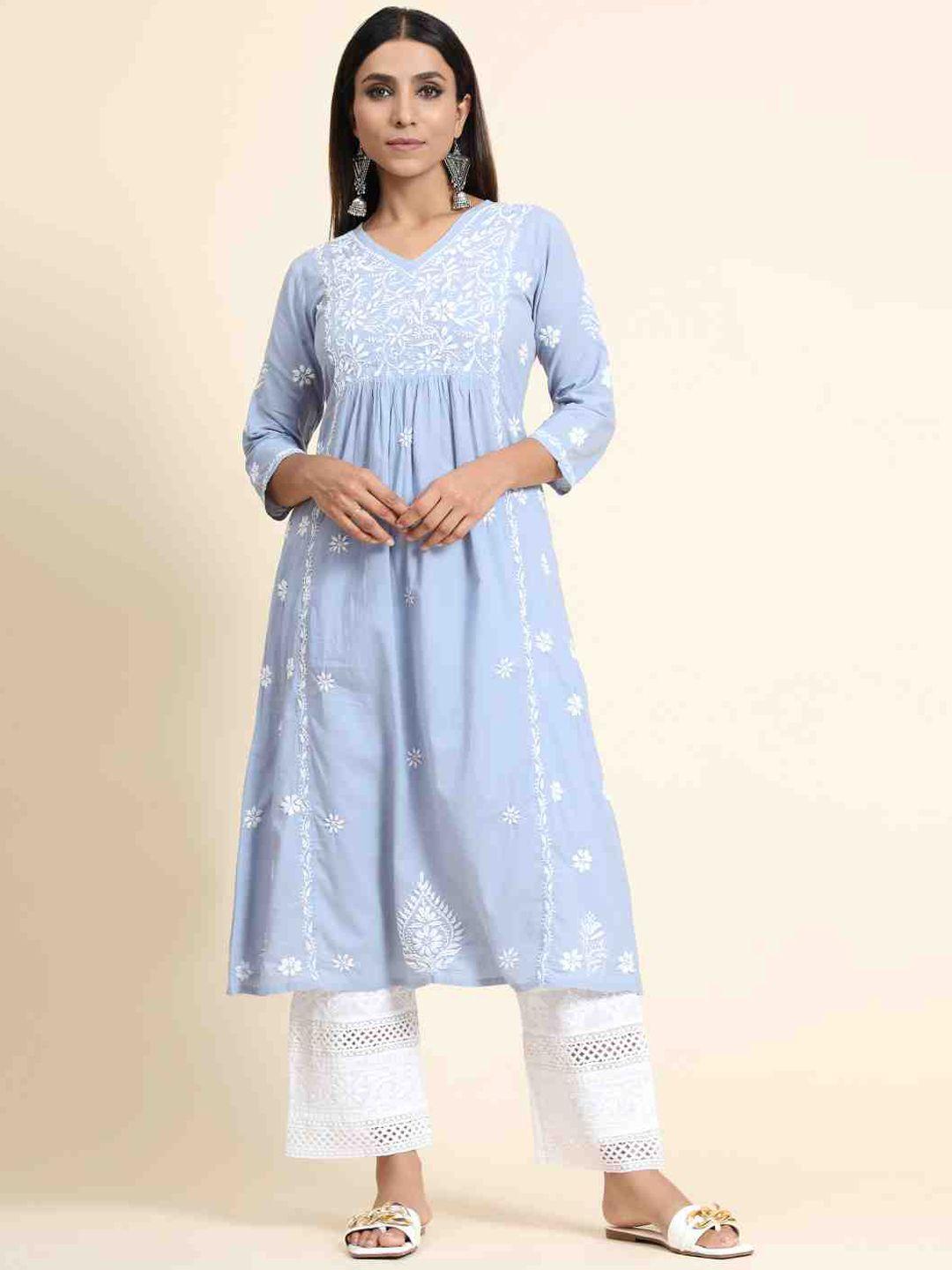 house of kari floral embroidered a-line cotton kurta