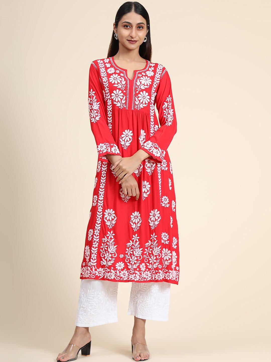 house of kari floral embroidered chikankari a-line kurta