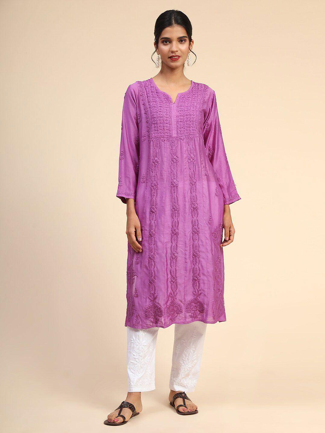 house of kari floral embroidered chikankari chanderi silk kurta