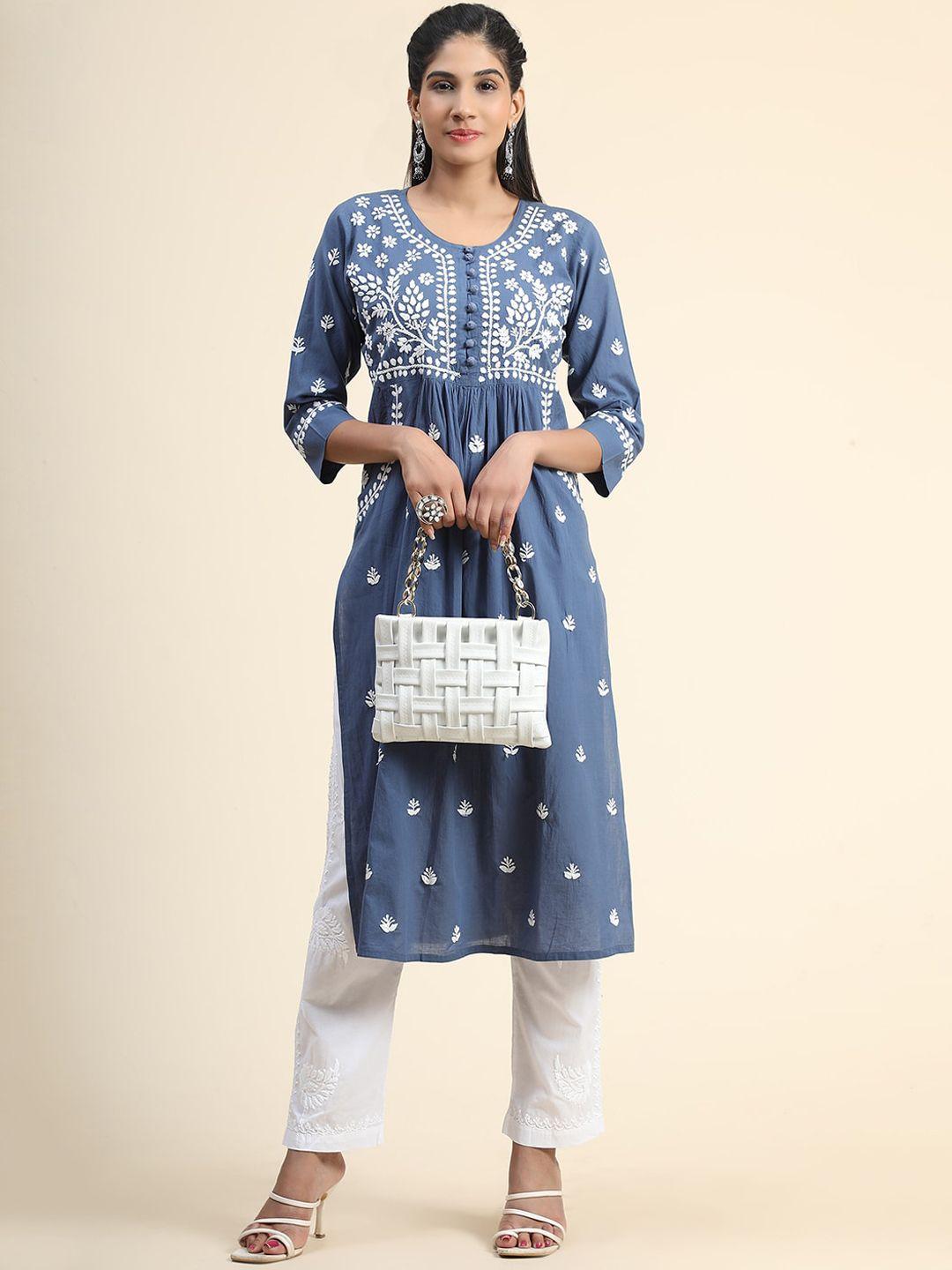 house of kari floral embroidered chikankari cotton kurta