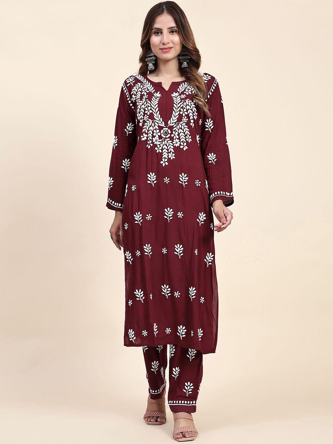 house of kari floral embroidered chikankari pure cotton straight kurta with trousers