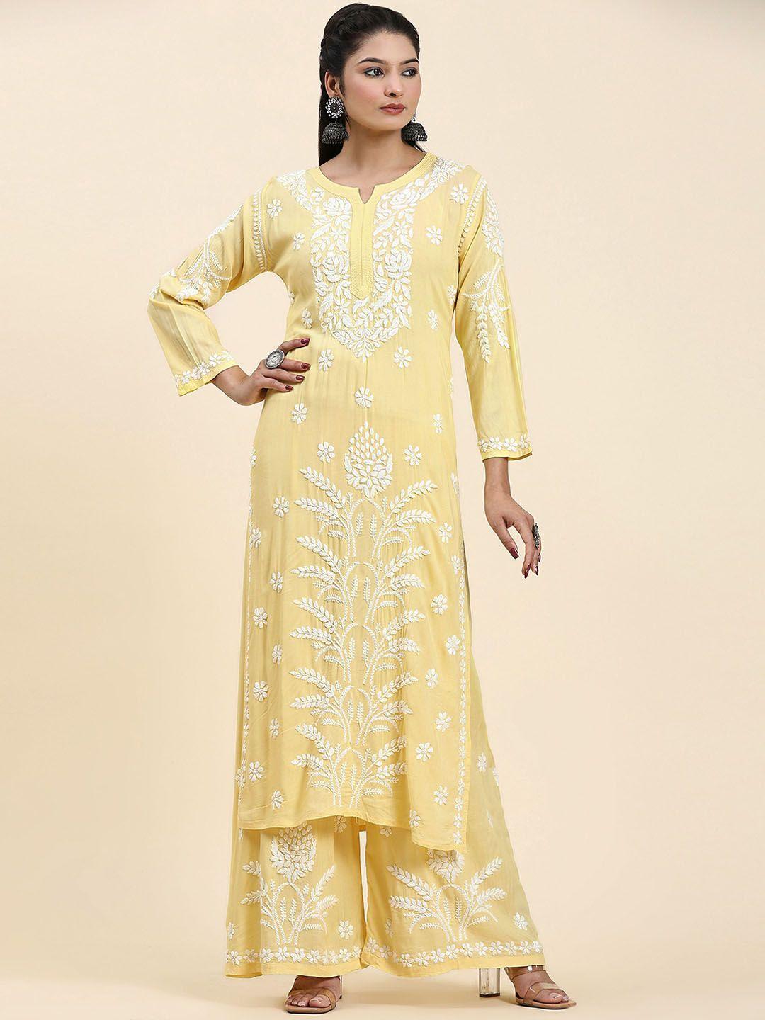 house of kari floral embroidered cotton kurta with palazzos